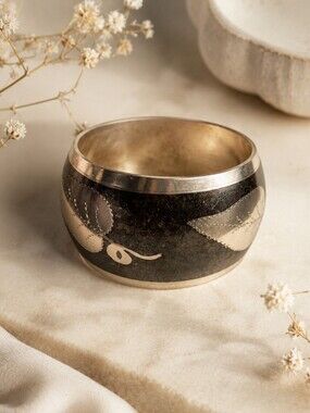 Vintage Brass Wide Bangle Bracelet with Etched Floral Detailing
